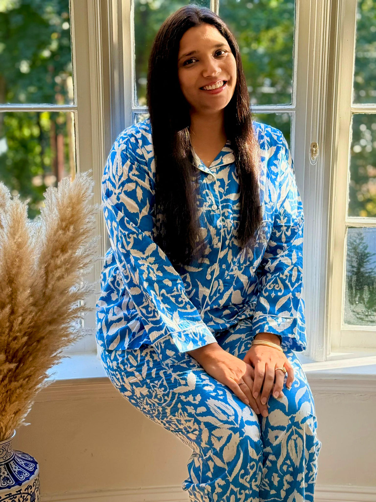 Royal Blue & White Hand Block Print Cotton Pajama Set, Botanical Sleepwear & Lounge Apparel, Azure Botanical Print