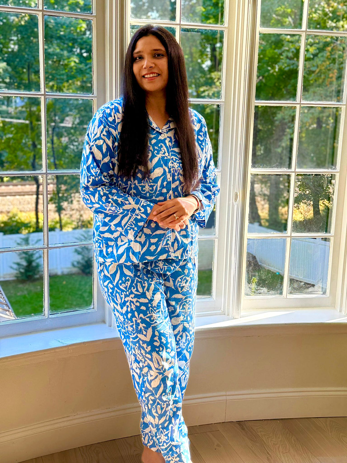 Royal Blue & White Hand Block Print Cotton Pajama Set, Botanical Sleepwear & Lounge Apparel, Azure Botanical Print