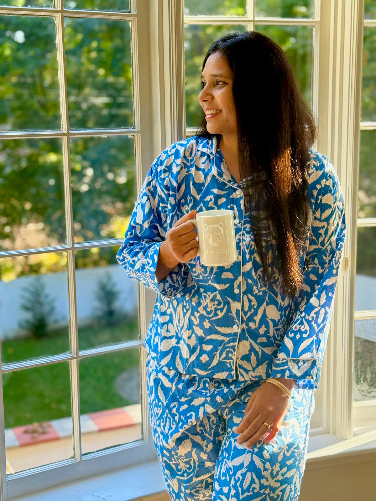 Royal Blue & White Hand Block Print Cotton Pajama Set, Botanical Sleepwear & Lounge Apparel, Azure Botanical Print
