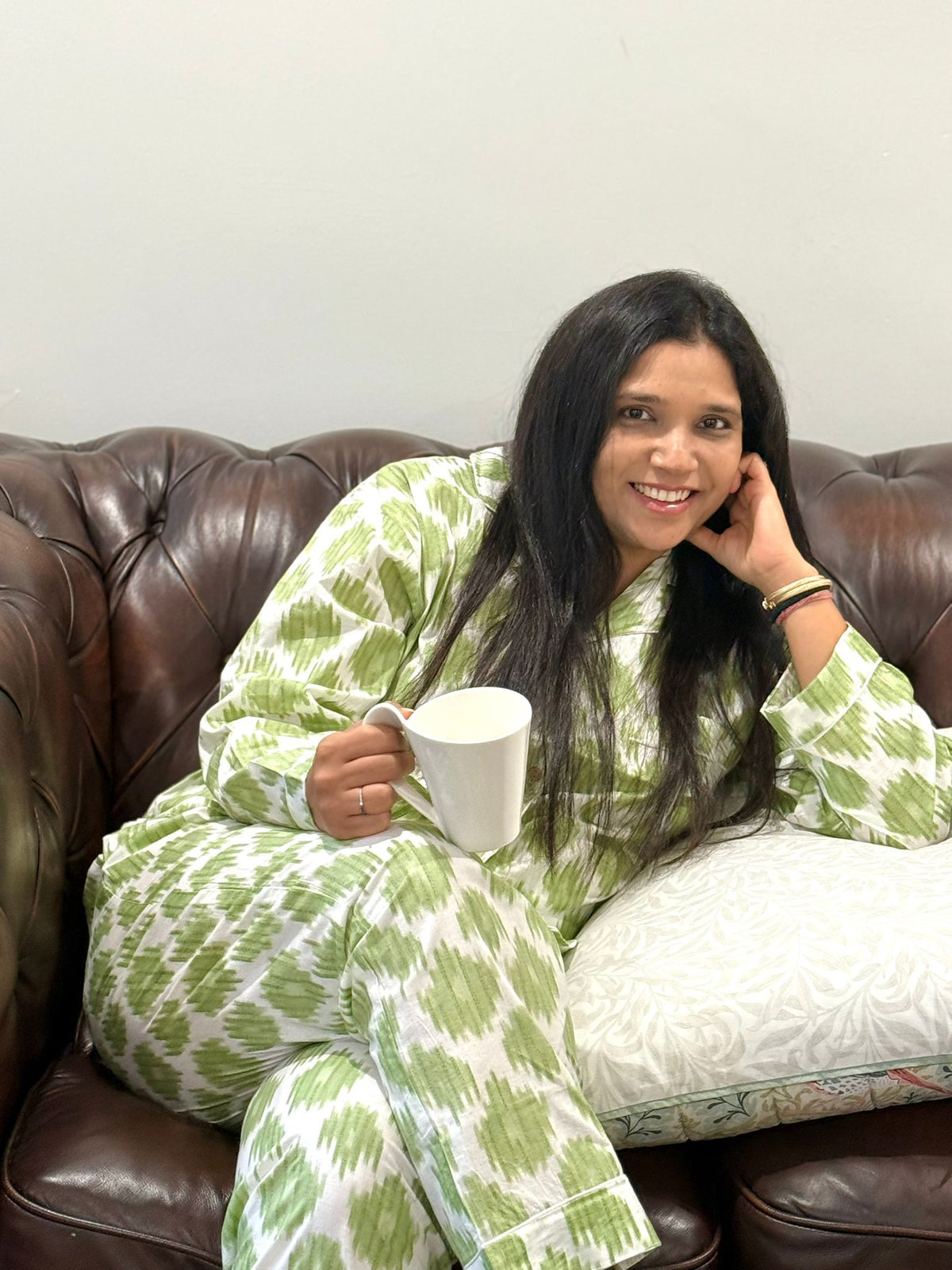 Green & White Abstract Ikat Cotton Pajama Set, Contemporary Sleepwear & Lounge Apparel