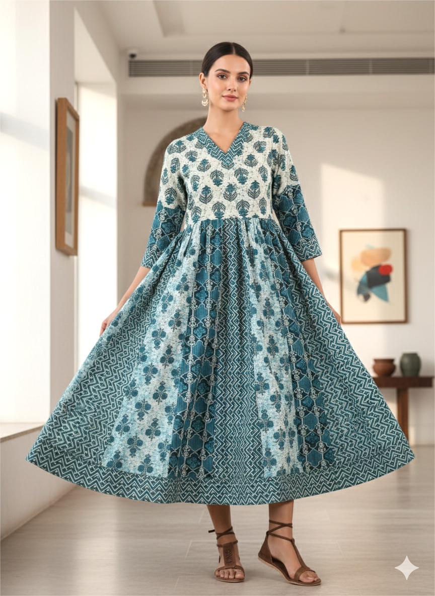 Zariya – Blocked Printed Cotton Midi Dress