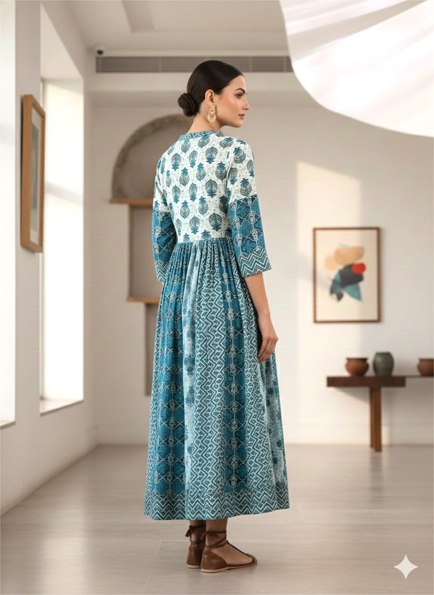 Zariya – Blocked Printed Cotton Midi Dress
