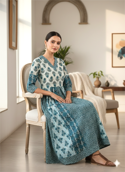Zariya – Blocked Printed Cotton Midi Dress