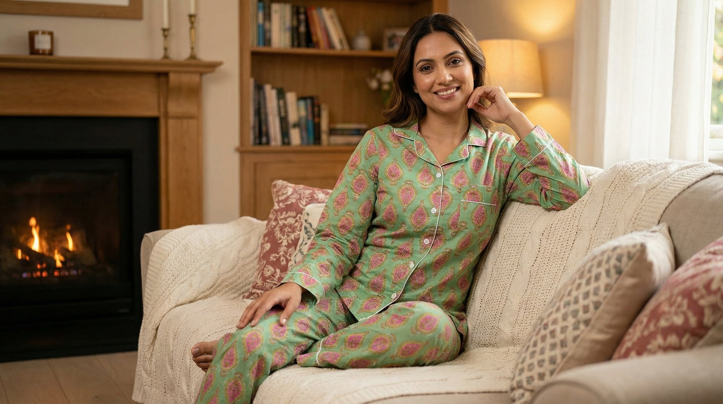 Green Block Printed Long PJ Set