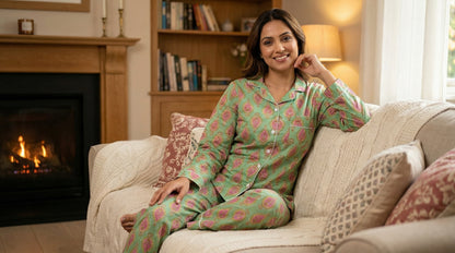 Green Block Printed Long PJ Set