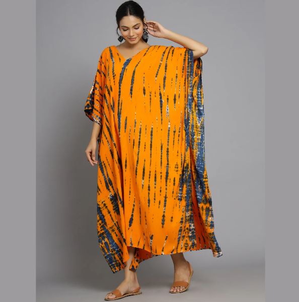 Hand Block-Print Tie Dye Rayon Kaftan