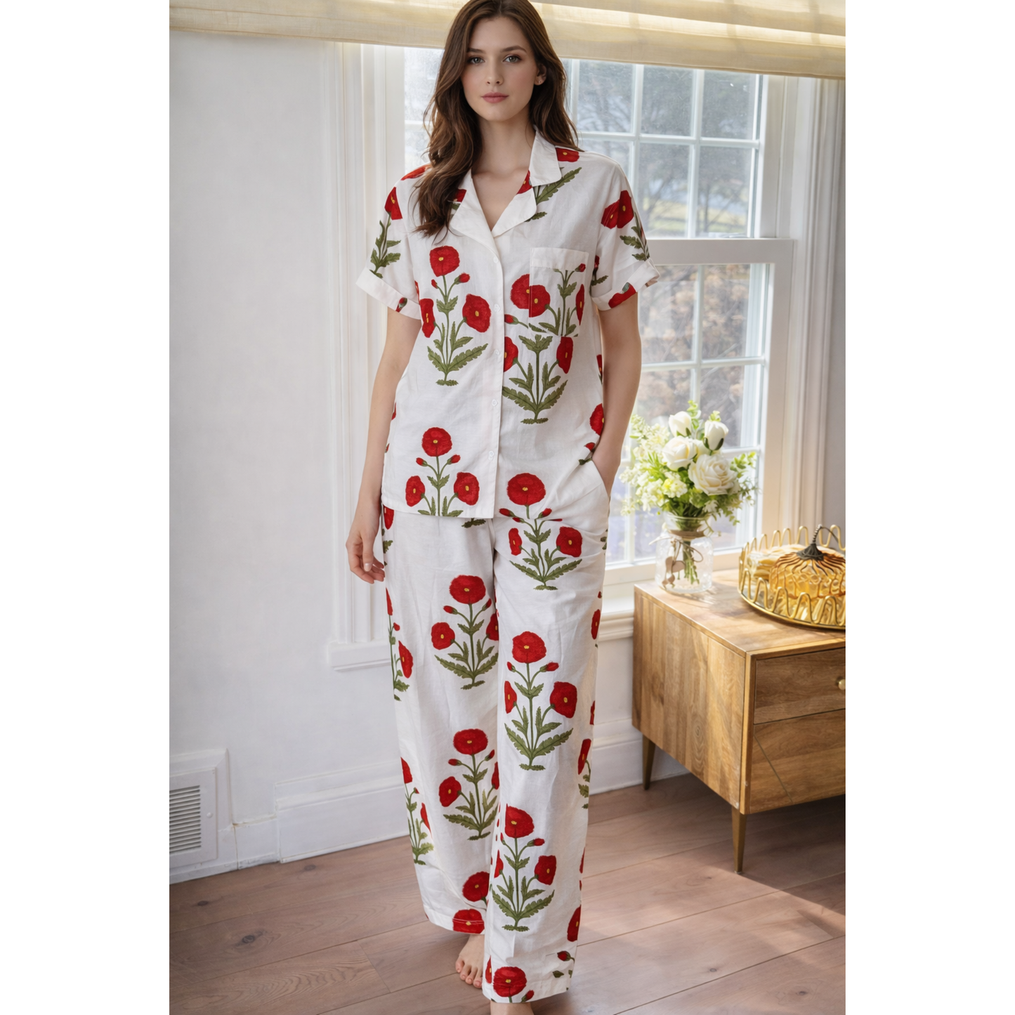 Short Sleeved Long PJ Set in Red Florals
