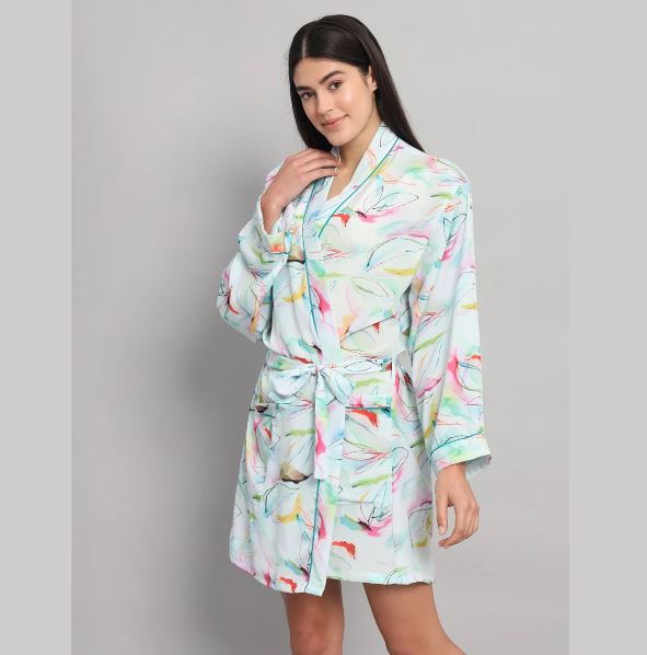Pastel Watercolor Silk Satin Short Bathrobe | Abstract Floral Print Teal Trim Luxury Bridal Lounge Robe