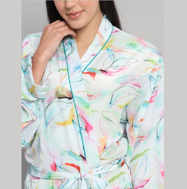 Pastel Watercolor Silk Satin Short Bathrobe | Abstract Floral Print Teal Trim Luxury Bridal Lounge Robe