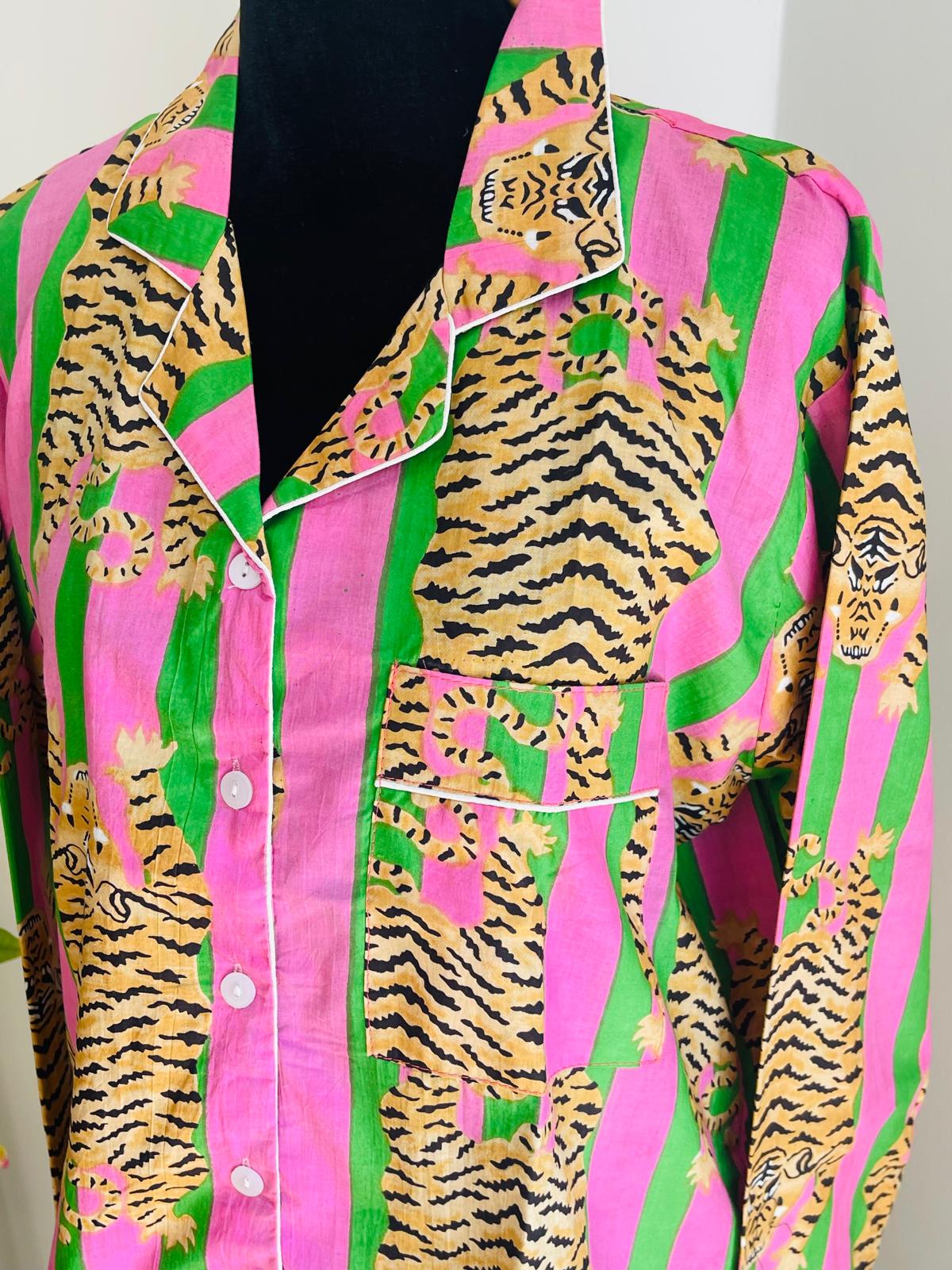 Handmade 100% Cotton Tiger Print Pajama Set, Jungle Animal Sleepwear