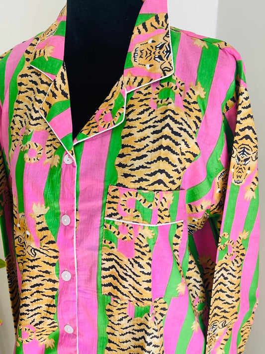 Pink & Green Stripe Tiger Print Cotton Pajama Set, Wild Jungle Sleepwear & Loungewear