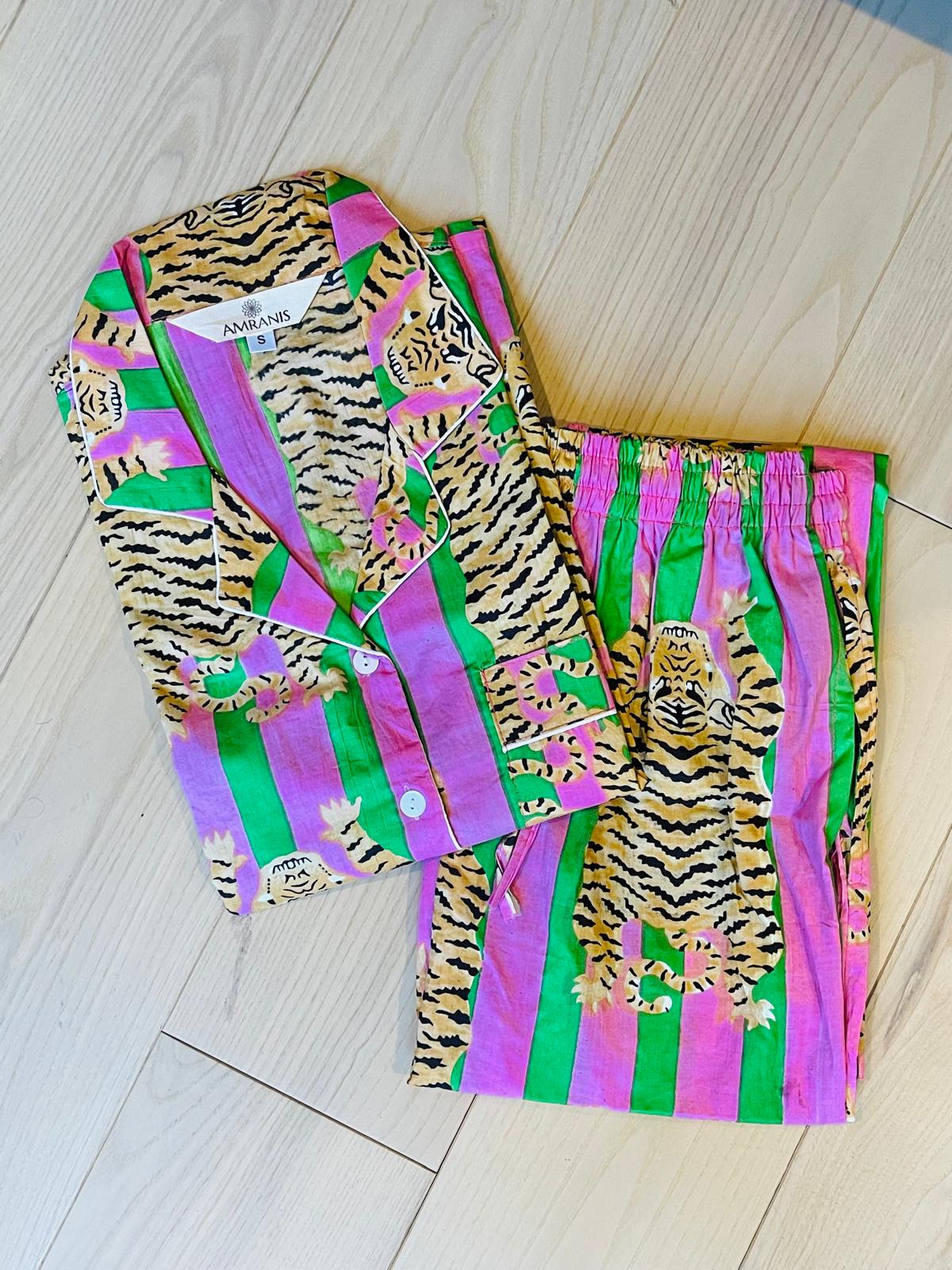 Handmade 100% Cotton Tiger Print Pajama Set, Jungle Animal Sleepwear