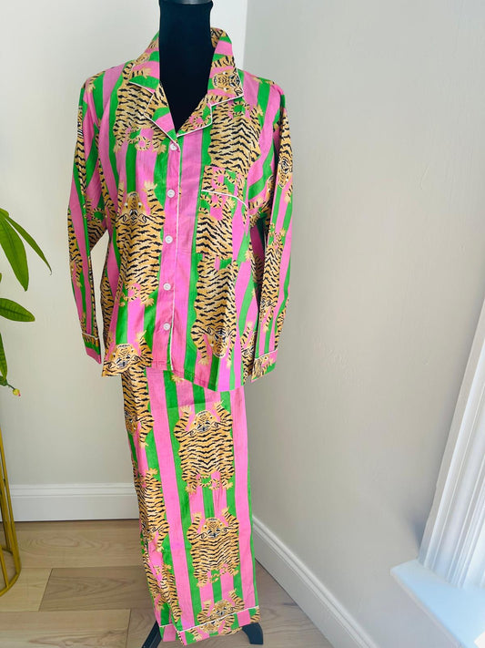 Handmade 100% Cotton Tiger Print Pajama Set, Jungle Animal Sleepwear