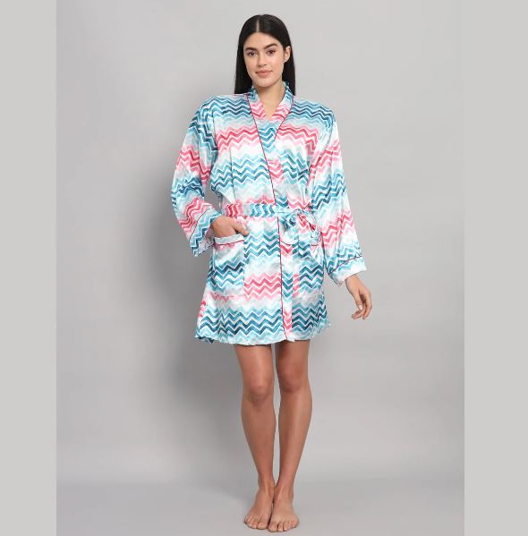 Aqua Blue & Coral Chevron Silk Satin Short Bathrobe | Zigzag Print Crimson Piping Luxury Lounge Robe