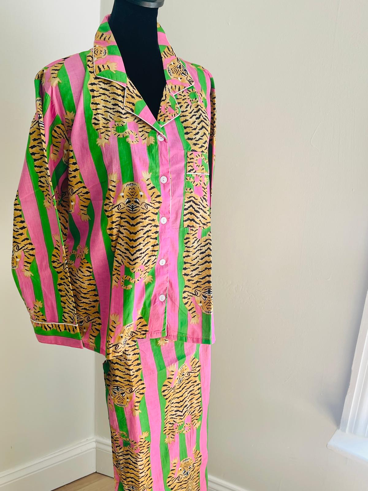 Handmade 100% Cotton Tiger Print Pajama Set, Jungle Animal Sleepwear
