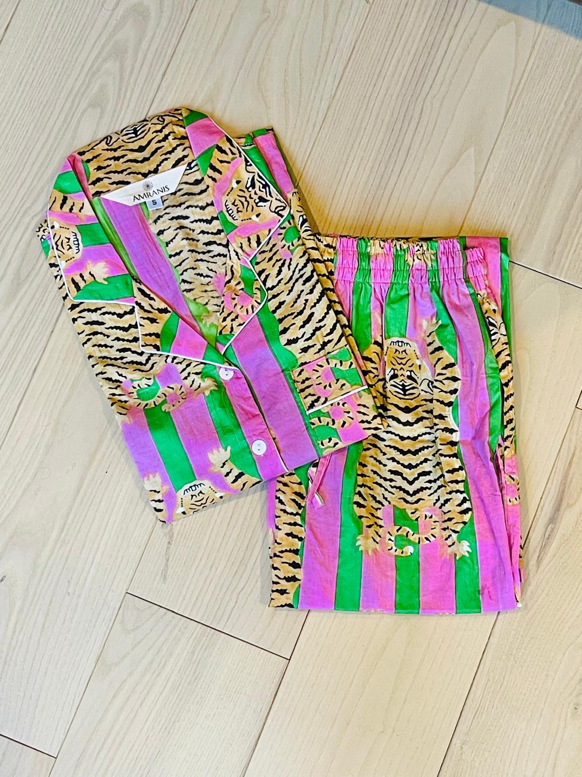 Handmade 100% Cotton Tiger Print Pajama Set, Jungle Animal Sleepwear