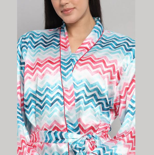 Aqua Blue & Coral Chevron Silk Satin Short Bathrobe | Zigzag Print Crimson Piping Luxury Lounge Robe