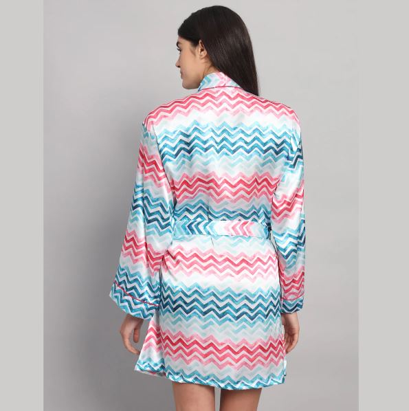 Aqua Blue & Coral Chevron Silk Satin Short Bathrobe | Zigzag Print Crimson Piping Luxury Lounge Robe