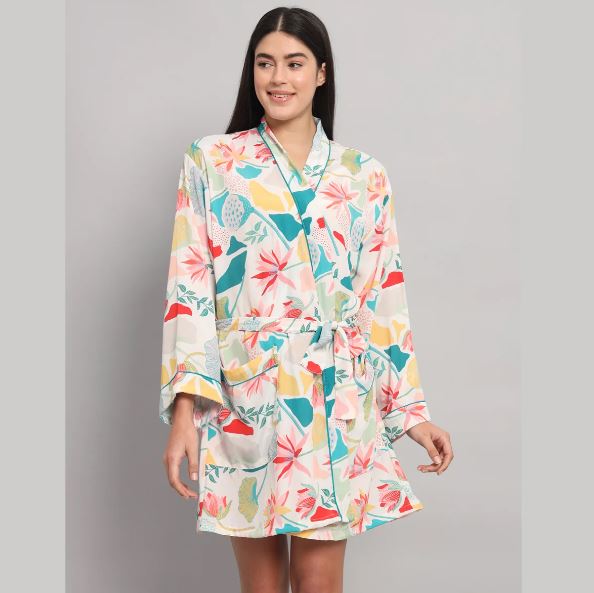 Off-White Silk Satin Short Bathrobe | Tropical Botanical Floral Print Teal Trim Luxury Lounge Robe