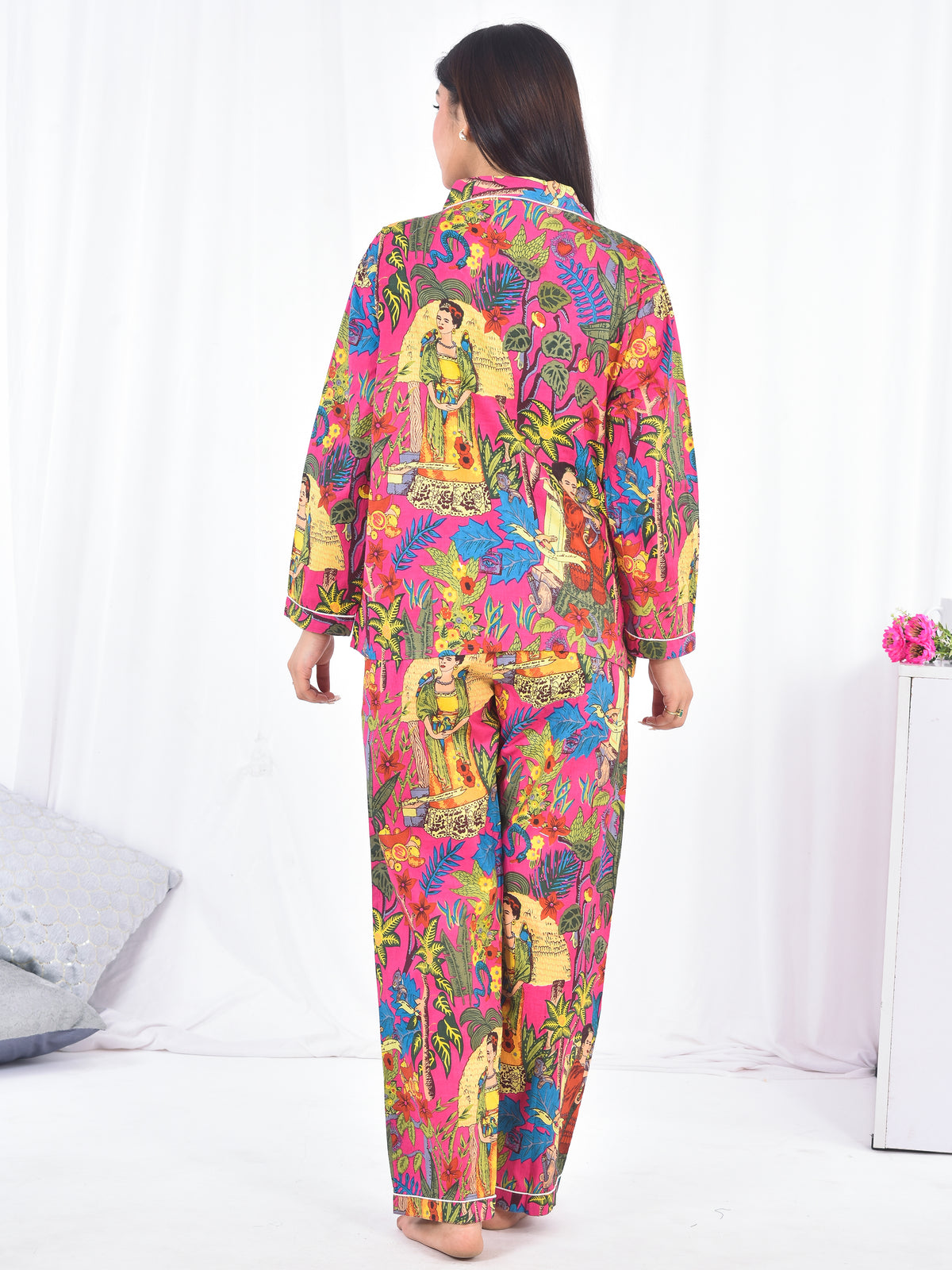 Pink Frida Kahlo & Tropical Parrot Print Cotton Pajama Set, Artistic Bohemian Sleepwear & Loungewear