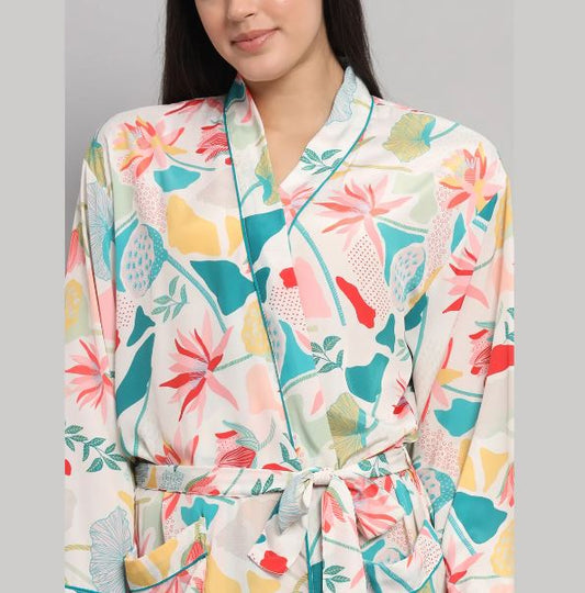 Off-White Silk Satin Short Bathrobe | Tropical Botanical Floral Print Teal Trim Luxury Lounge Robe