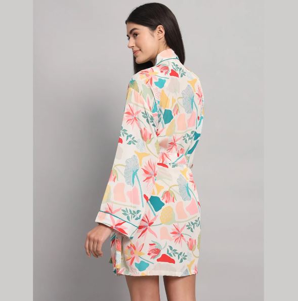 Off-White Silk Satin Short Bathrobe | Tropical Botanical Floral Print Teal Trim Luxury Lounge Robe