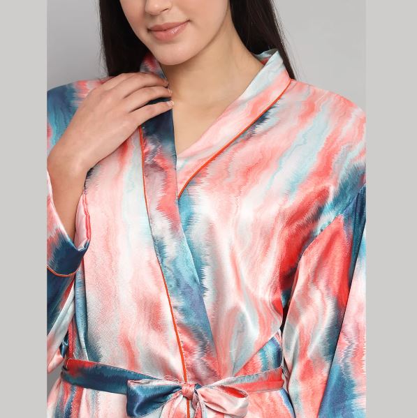 Coral Pink & Teal Silk Satin Short Bathrobe | Abstract Marble Dye Print Luxury Lounge Robe & Nightwear