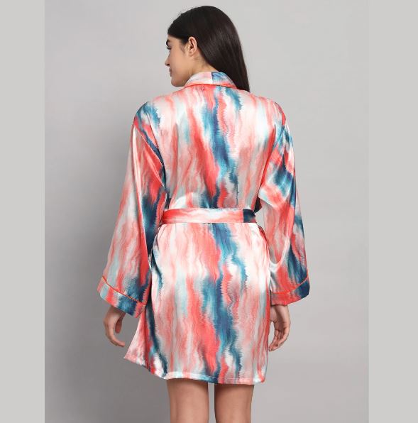 Coral Pink & Teal Silk Satin Short Bathrobe | Abstract Marble Dye Print Luxury Lounge Robe & Nightwear
