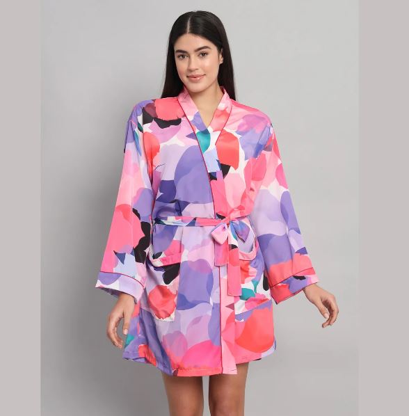 Vibrant Pink & Lavender Silk Satin Short Bathrobe | Abstract Mosaic Print Luxury Lounge Robe & Nightwear