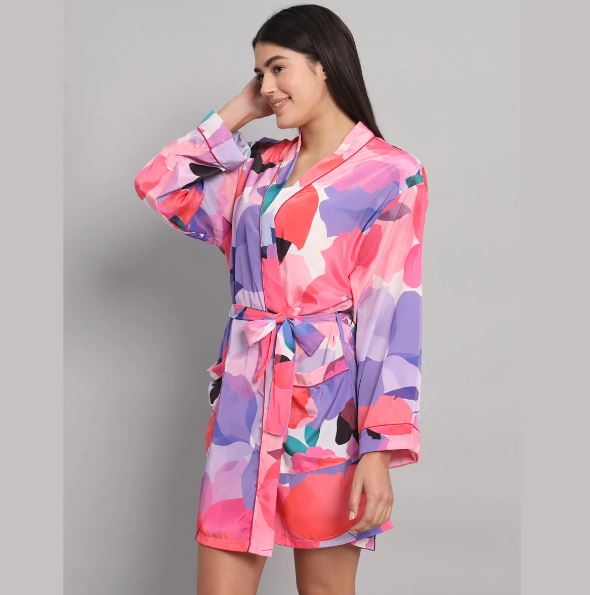 Vibrant Pink & Lavender Silk Satin Short Bathrobe | Abstract Mosaic Print Luxury Lounge Robe & Nightwear