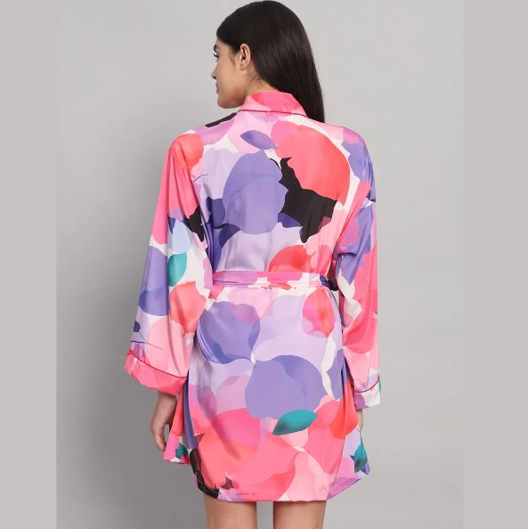 Vibrant Pink & Lavender Silk Satin Short Bathrobe | Abstract Mosaic Print Luxury Lounge Robe & Nightwear