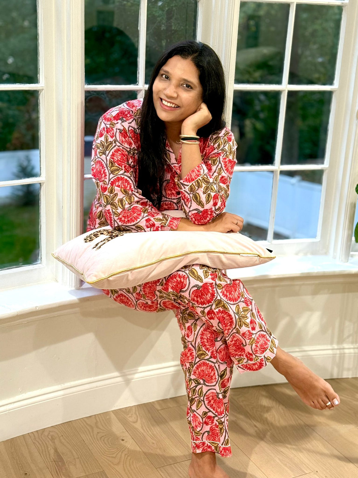 Pink & Red Block Print Cotton Pajama Set, Botanical Floral Sleepwear & Lounge Wear, Bridesmaid Gifts