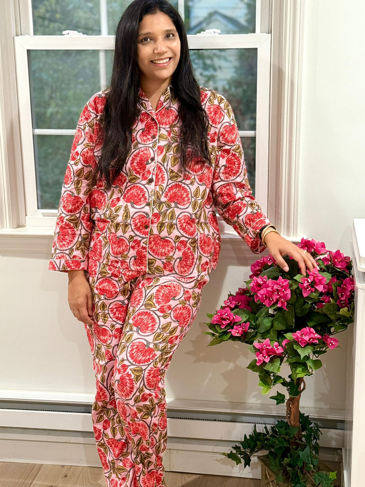 Pink & Red Block Print Cotton Pajama Set, Botanical Floral Sleepwear & Lounge Wear, Bridesmaid Gifts