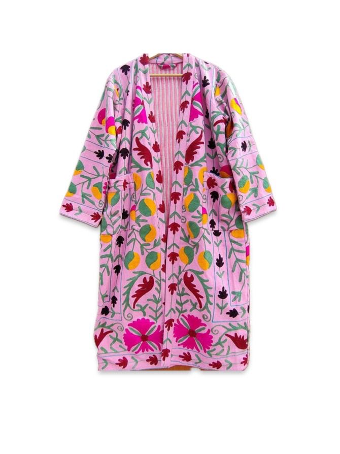 Suzani Embroidery Bath Robe in Pink