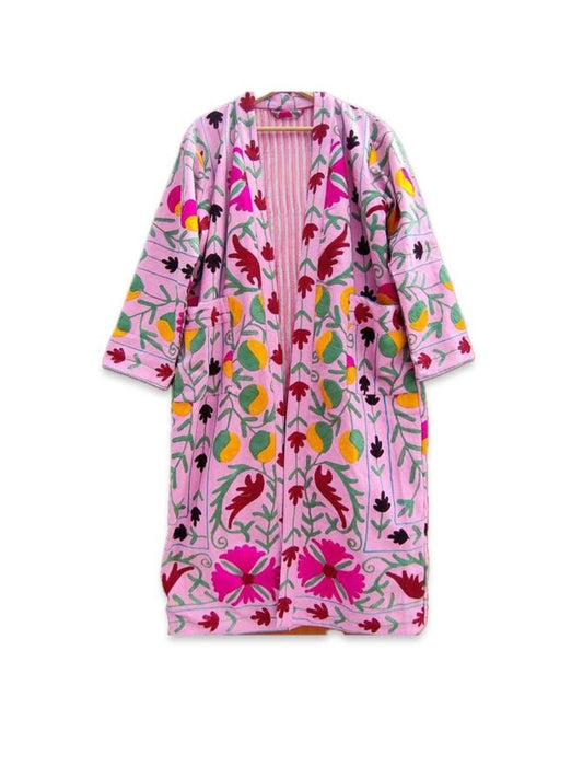 Suzani Embroidery Bath Robe in Pink