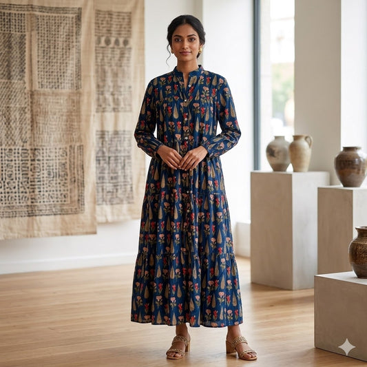 Hand Block Printed Midi Dress in 100% Cotton