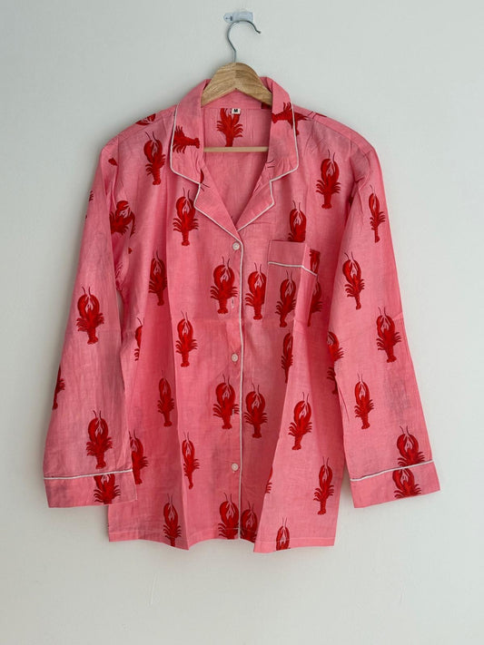 Pink & Red Lobster Print Cotton Pajama Set, Hand Block Print Pajama Set, Resort Wear Pajama Set, Quirky Seafood Sleepwear & Loungewear