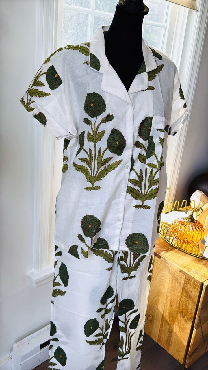 Short Sleeved Long PJ Set in Green Florals
