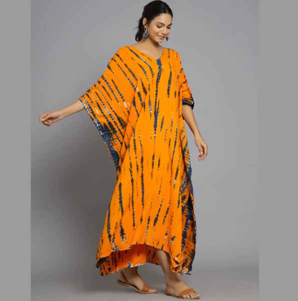 Hand Block-Print Tie Dye Rayon Kaftan