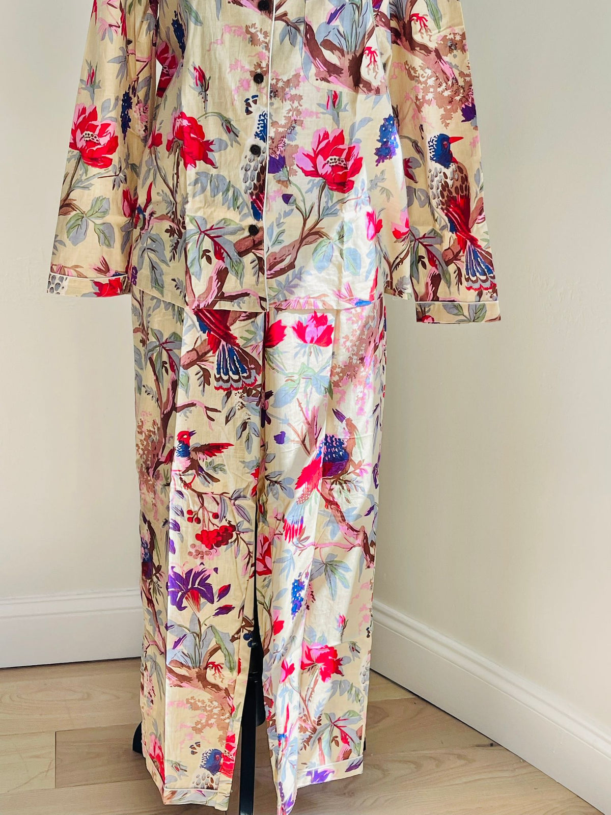 Songbird Print Handmade Cotton Pajama Set Hand Block Print Bird & Floral Lounge & Nightwear Pajama Set For Women