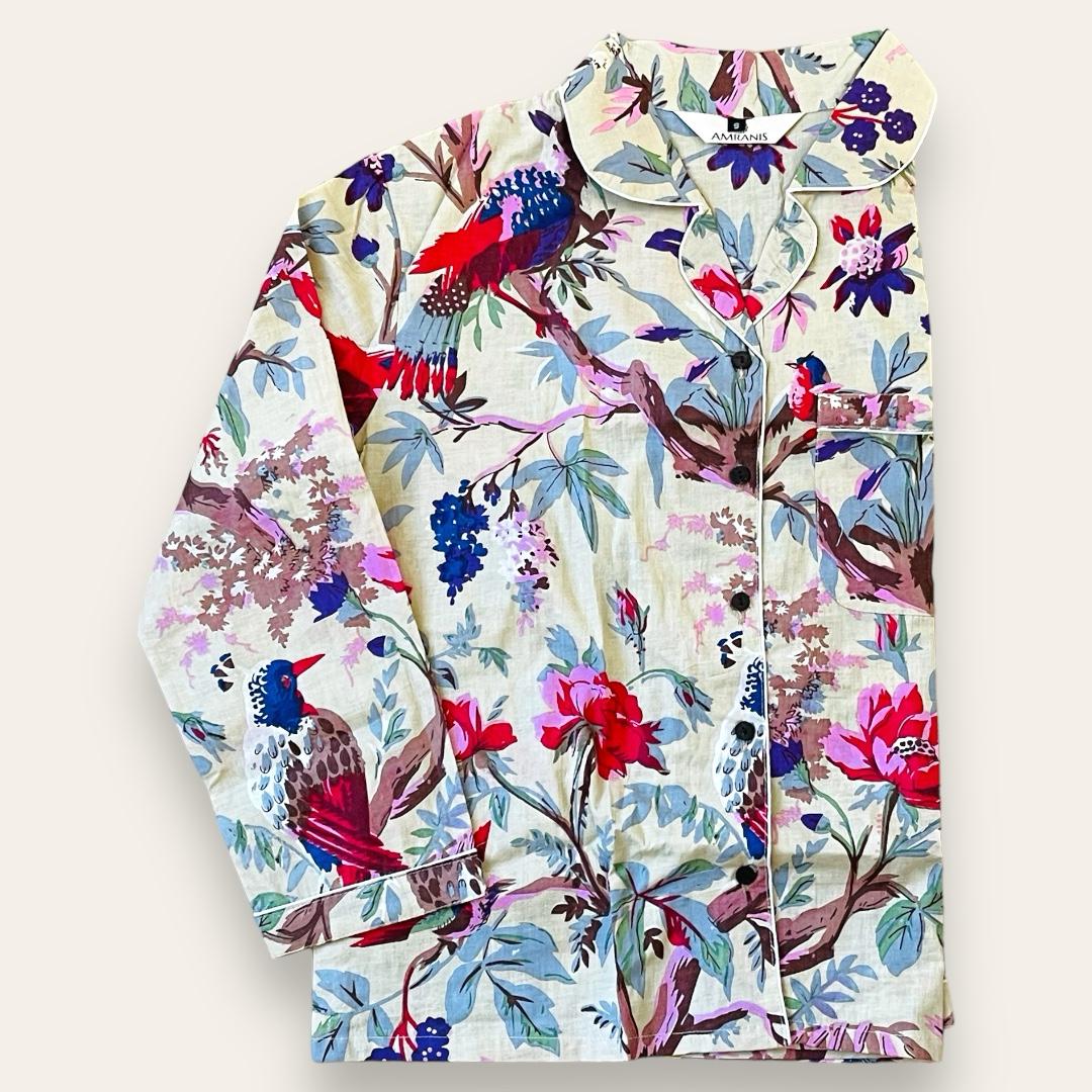 Songbird Print Handmade Cotton Pajama Set Hand Block Print Bird & Floral Lounge & Nightwear Pajama Set For Women
