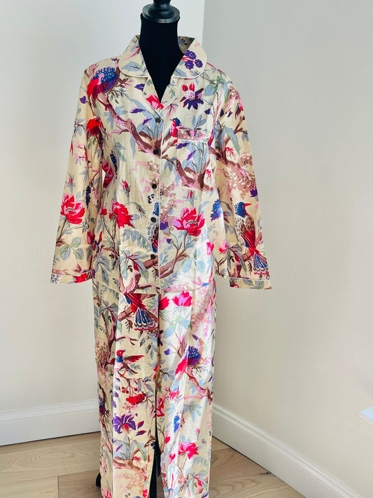 Songbird Print Handmade Cotton Pajama Set Hand Block Print Bird & Floral Lounge & Nightwear Pajama Set For Women