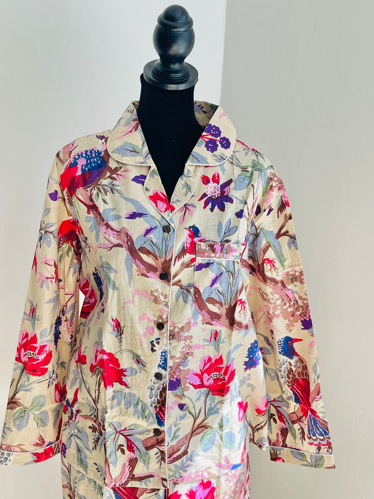 Songbird Print Handmade Cotton Pajama Set Hand Block Print Bird & Floral Lounge & Nightwear Pajama Set For Women
