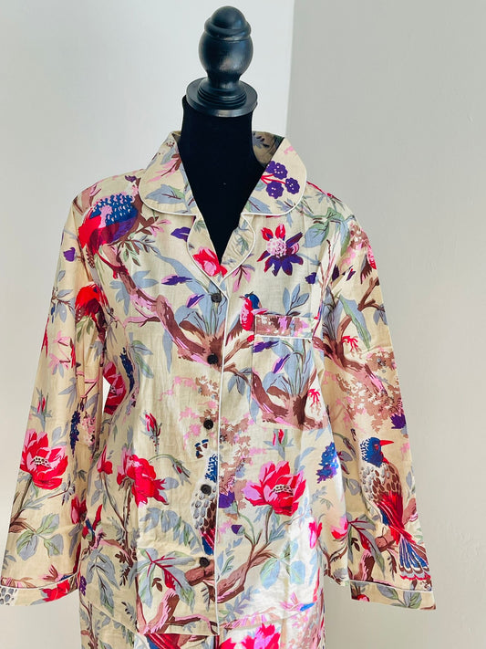 Songbird Print Handmade Cotton Pajama Set Hand Block Print Bird & Floral Lounge & Nightwear Pajama Set For Women