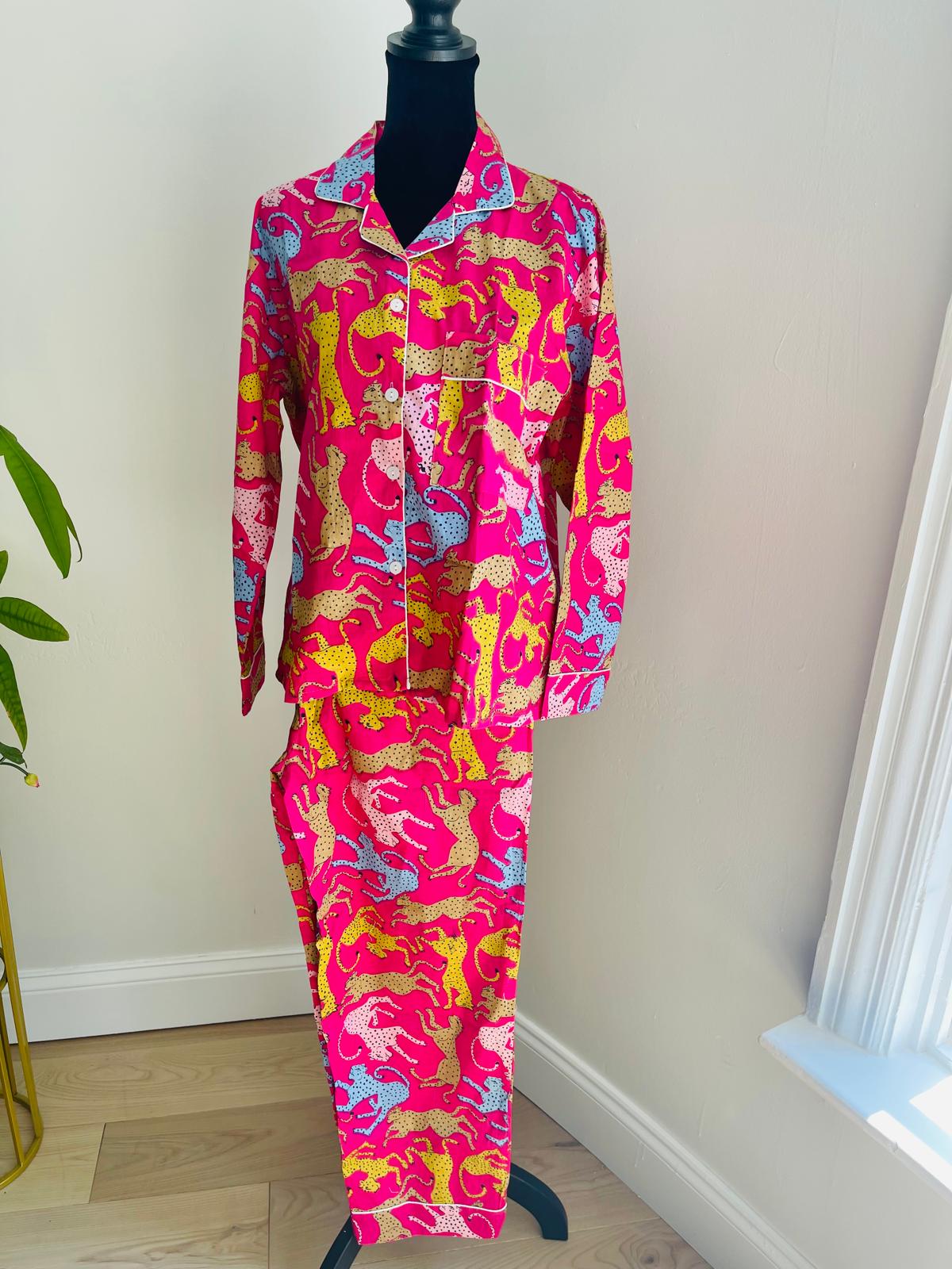 Magenta Pink Leopard & Cheetah Print Cotton Pajama Set, Playful Wild Animal Sleepwear & Loungewear, Gift For Her
