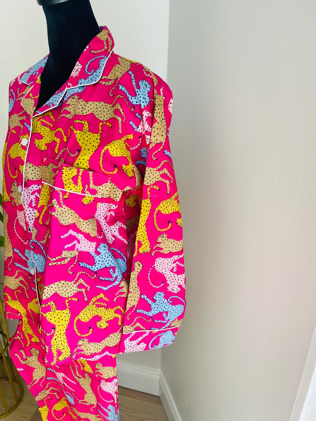 Magenta Pink Leopard & Cheetah Print Cotton Pajama Set, Playful Wild Animal Sleepwear & Loungewear, Gift For Her