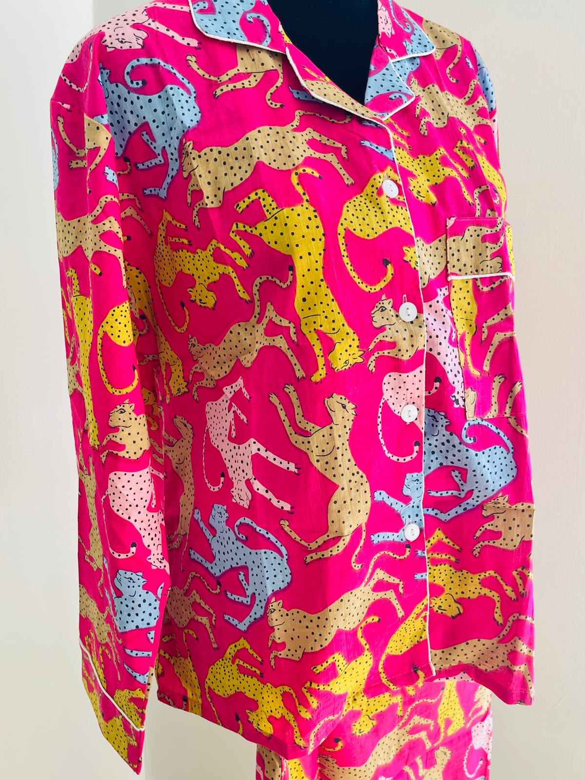 Magenta Pink Leopard & Cheetah Print Cotton Pajama Set, Playful Wild Animal Sleepwear & Loungewear, Gift For Her
