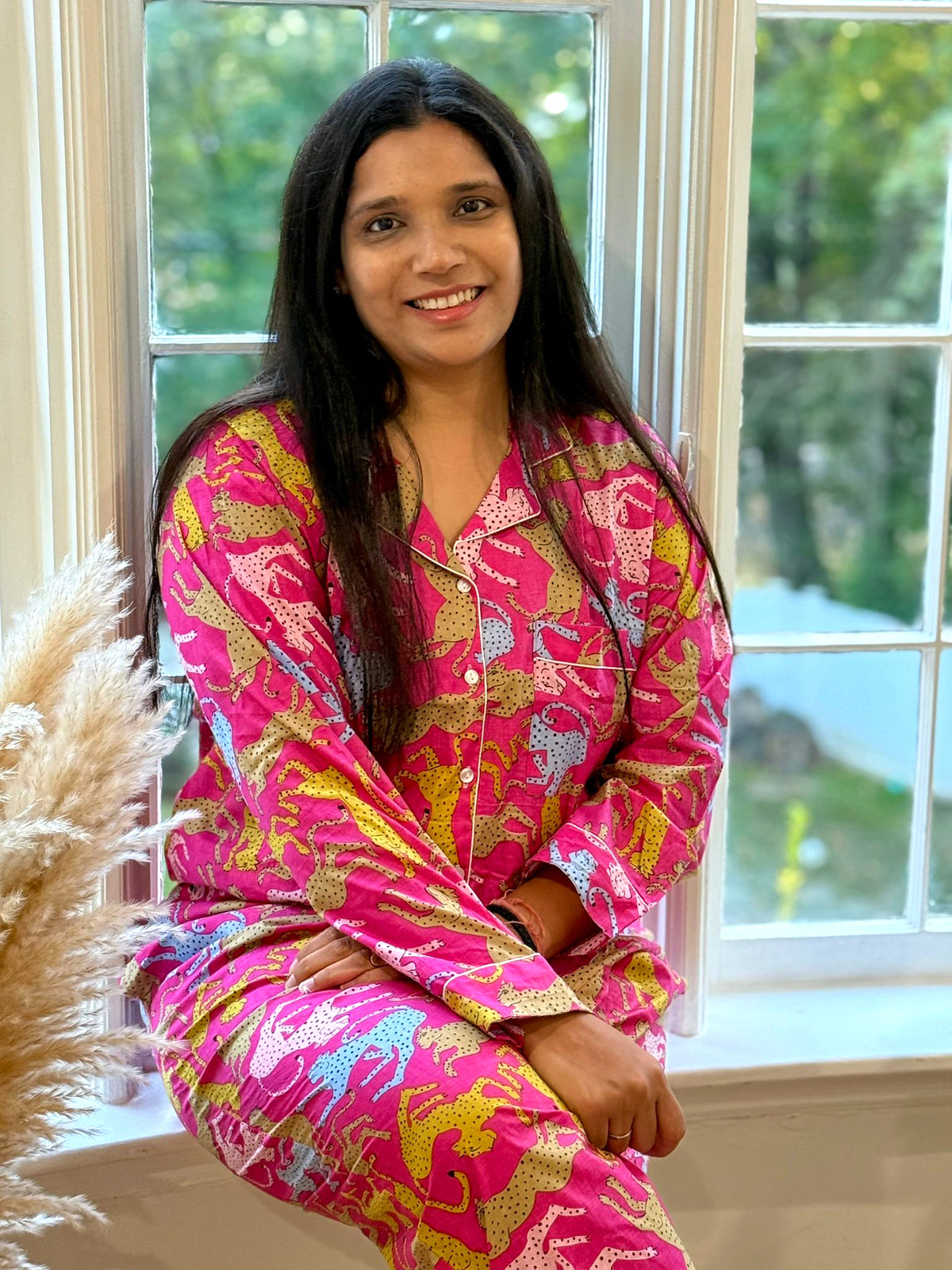 Magenta Pink Leopard & Cheetah Print Cotton Pajama Set, Playful Wild Animal Sleepwear & Loungewear, Gift For Her