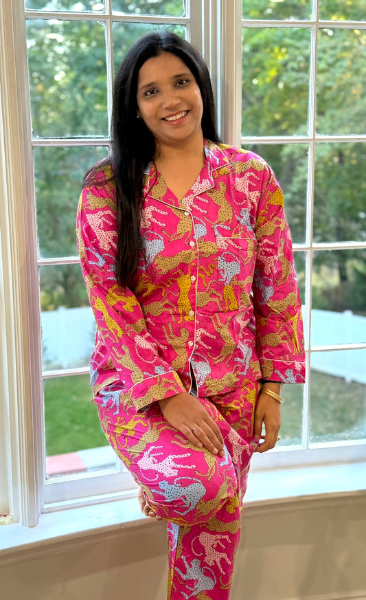 Magenta Pink Leopard & Cheetah Print Cotton Pajama Set, Playful Wild Animal Sleepwear & Loungewear, Gift For Her