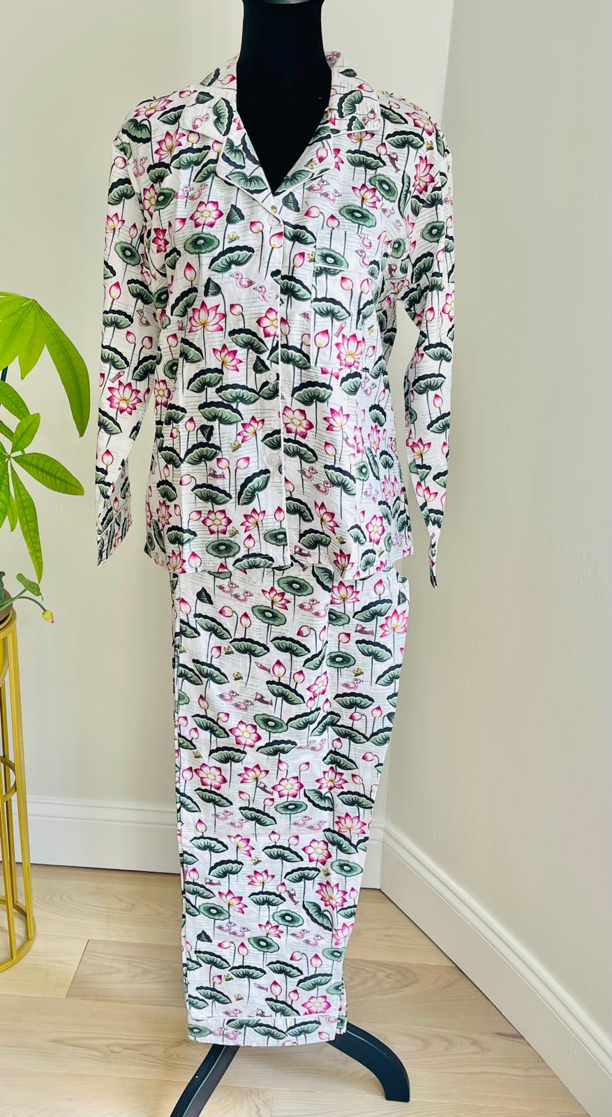 Handblock Print 100% Cotton Pajama Set for Women, Pink Lotus Botanical Sleepwear & Loungewear